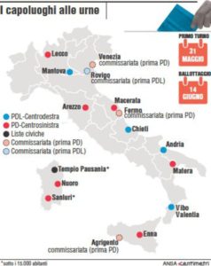 ELEZIONI COMUNALI - Cartina con i 16 Comuni capoluogo alle urne (88mm x 110mm)