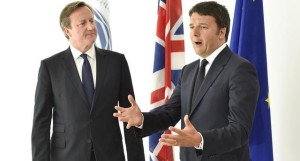 Italian Prime Minister Matteo Renzi (R) speaks next his British counterpart David Cameron during an event at the Milan Expo 2015 global fair in Milan, Italy June 17, 2015. ANSA/REUTERS/POOL/STRINGER