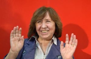 Belarusian writer Svetlana Alexievich gestures during a press conference at the Frankfurt Book Fair, in Frankfurt am Main,??Germany, 11 October 2013. Alexievich will receive the 2013 Peace Prize of the German Book Trade during the award ceremony on 13 October. ANSA/ARNE??DEDERT