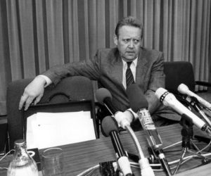 epa05005858 (FILE) A file photo dated 09 November 1989 shows Guenter Schabowski, spokesman for the SED Politbuero, with a serious expression during a press conference in East Berlin, East Germany (GDR). Schabowski's improvised comments that the changes in the travel regulations were 'effective immediately' set-off a storm of East German citizens who crossed the inner-German borders. Schabowski died on 01 November 2015.  EPA/STR