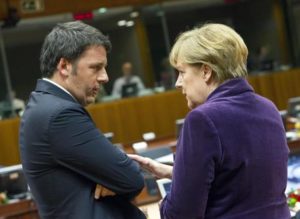 Italian Prime Minister Matteo Renzi talks to German Chancellor Angela Merkel (R) during an EU Summit in Brussels, Belgium, 17 December 2015. ANSA/ PRESS OFFICE/ CHIGI'SPALACE/ TIBERIO BARCHIELLI/ ENZO ZUCCHI +++ANSA PROVIDES ACCESS TO THIS HANDOUT PHOTO TO BE USED SOLELY TO ILLUSTRATE NEWS REPORTING OR COMMENTARY ON THE FACTS OR EVENTS DEPICTED IN THIS IMAGE; NO ARCHIVING; NO LICENSING+++