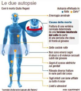 Un omicidio premeditato per una vendetta causata da motivi personali: sarebbe questa l'ipotesi più probabile, secondo un comunicato del ministero dell'interno diffuso oggi, sulla morte di Giulio Regeni. I risultati delle autopsie effettuate in Egitto e in Italia sul corpo di Giulio Regeni (88mm x 100mm)