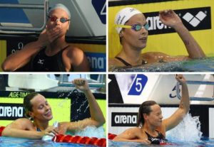 La combo mostra le esultanza di Federica Pellegrini dopo la conquista dell'oro nei 200 sl agli Europei di Budapest 2010 (in alto a sinistra), Debrecen 2012 (in alto a destra), Berlino 2014 (in basso a sinistra) e Londra 2016. ANSA