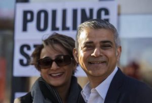 British Labour party candidate for Mayor of London Sadiq Khan (R) poses with his wife Saadiya Khan (L) after voting at a polling station in south London, Britain, 05 May 2016. Londoners head to the polls to elect the successor to London's current Mayor Boris Johnson. ANSA/HANNAH MCKAY