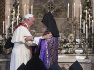 Pope Francis flanked by Catholicos Karenin II, visits the Apostolic Cathedral of Etkhmiadzin near Yerevan, Armenia, 24 June 2016. ANSA/MAURIZIO BRAMBATTI