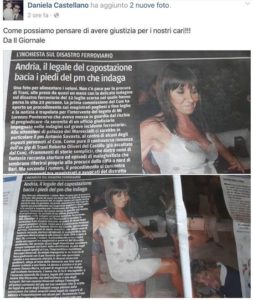 Scontro Treni: avvocato indagato bacia piede a pm inchiesta Trani. Foto del IL Giornale postata su Facebook da figlia di una delle vittime