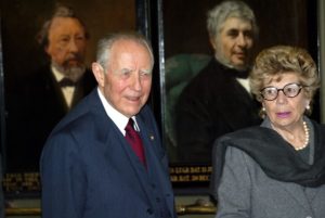 LEIDEN, NETHERLANDS - MARCH 5:  Italian President  Carlo Azeglio Ciampi and his wife Franca walk through the Senate Chamber during a visit to the University of Leiden March 5, 2003 in Leiden, Netherlands. Ciampi met with the Dutch royal family, members of the business community and government officials in an effort to strengthen ties between the two countries during his two-day visit.  (Photo by Michel Porro/Getty Images)