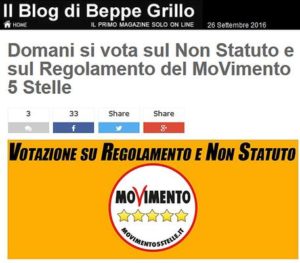 Il Blog del leader del Movimento Cinque Stelle, Beppe Grillo, sul quale domani sarà possibile votare sul Non Statuto e sul Regolamento del Movimento, Roma, 26 Settembree 2016. ANSA/ WEB/ BEPPE GRILLO.IT