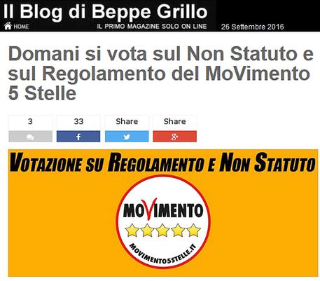 ++ M5s: domani voto sul blog Grillo per “Non Statuto” ++