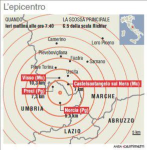 Cartina con epicentro della scossa di questa mattina di magnitudo 6.5 e localizzazione dei Comuni più vicini (88mm x 90mm)