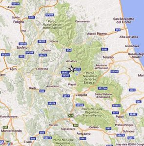 Nella cartina dell'Ingv l'epicentro del terremoto di magnitudo 4.4 registrato alle 17:14, 29 novembre 2016. La scossa è stata nettamente avvertita a L'Aquila città, ed inoltre, in altri comuni abruzzesi e delle Marche. ANSA/INGV +++EDITORIAL USE ONLY - NO SALES+++