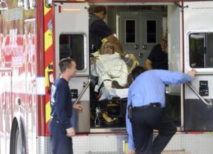 A shooting victim arrives at Broward Health Trauma Center in Fort Lauderdale, Fla., Friday, Jan. 6, 2017.   Authorities say a lone shooter opened fire at the Ft. Lauderdale, Florida, international airport Friday, killing "multiple" people before he was taken into custody. The airport suspended operations as law enforcement authorities rushed to the scene.  (Taimy Alvarez/South Florida Sun-Sentinel via AP) [CopyrightNotice: Sun Sentinel 2016]